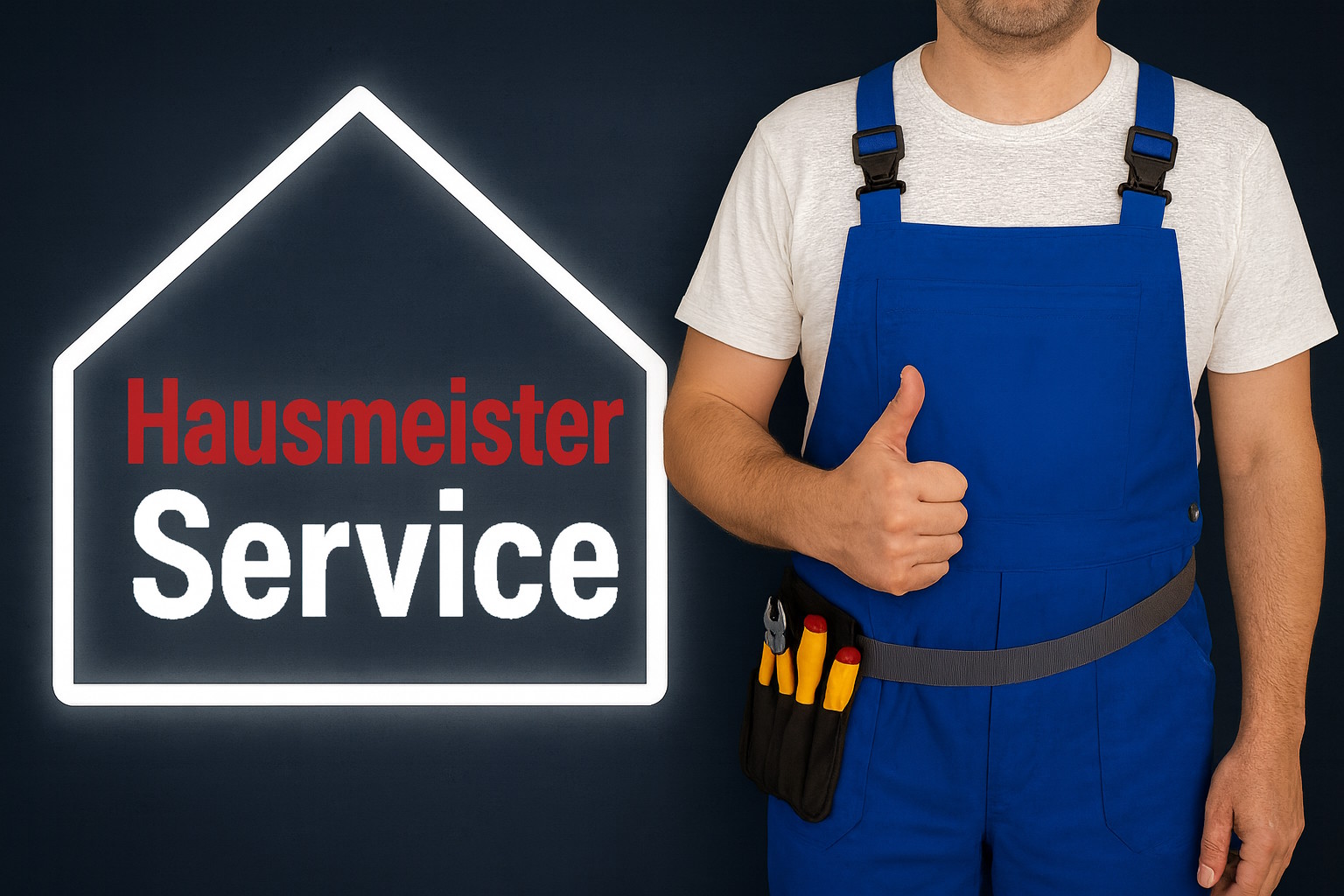 Haus mit Schriftzug Hausmeister-Service, daneben ein Handwerker im blauen Overall mit Daumen hoch